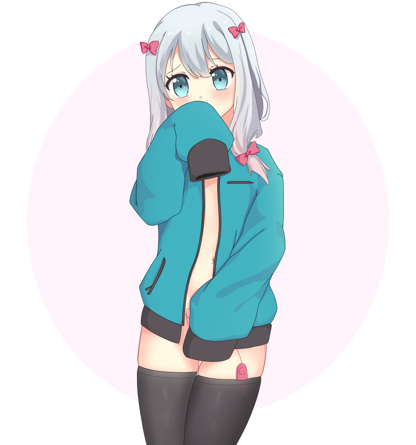 1girl absurdres amrb blush clothed_masturbation covering covering_crotch covering_mouth ecchi egg_vibrator embarrassed eromanga_sensei female_masturbation hiding highres izumi_sagiri looking_at_viewer masturbation midriff midriff_peek navel nervous sex_toy shirt shy stomach thighhighs vibrator vibrator_in_thighhighs