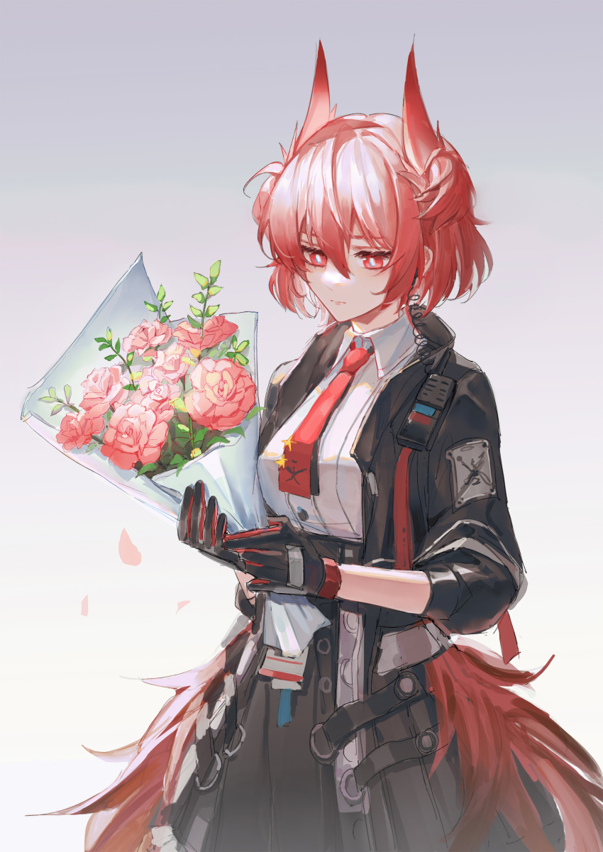 1girl absurdres arknights bangs black_gloves black_jacket black_skirt bouquet cowboy_shot fiammetta_(arknights) flower gloves gradient gradient_background grey_background hair_between_eyes highres holding holding_bouquet jacket long_sleeves luren_max necktie open_clothes open_jacket pink_flower pink_hair pink_rose red_eyes red_necktie rose shirt short_hair skirt solo standing white_shirt