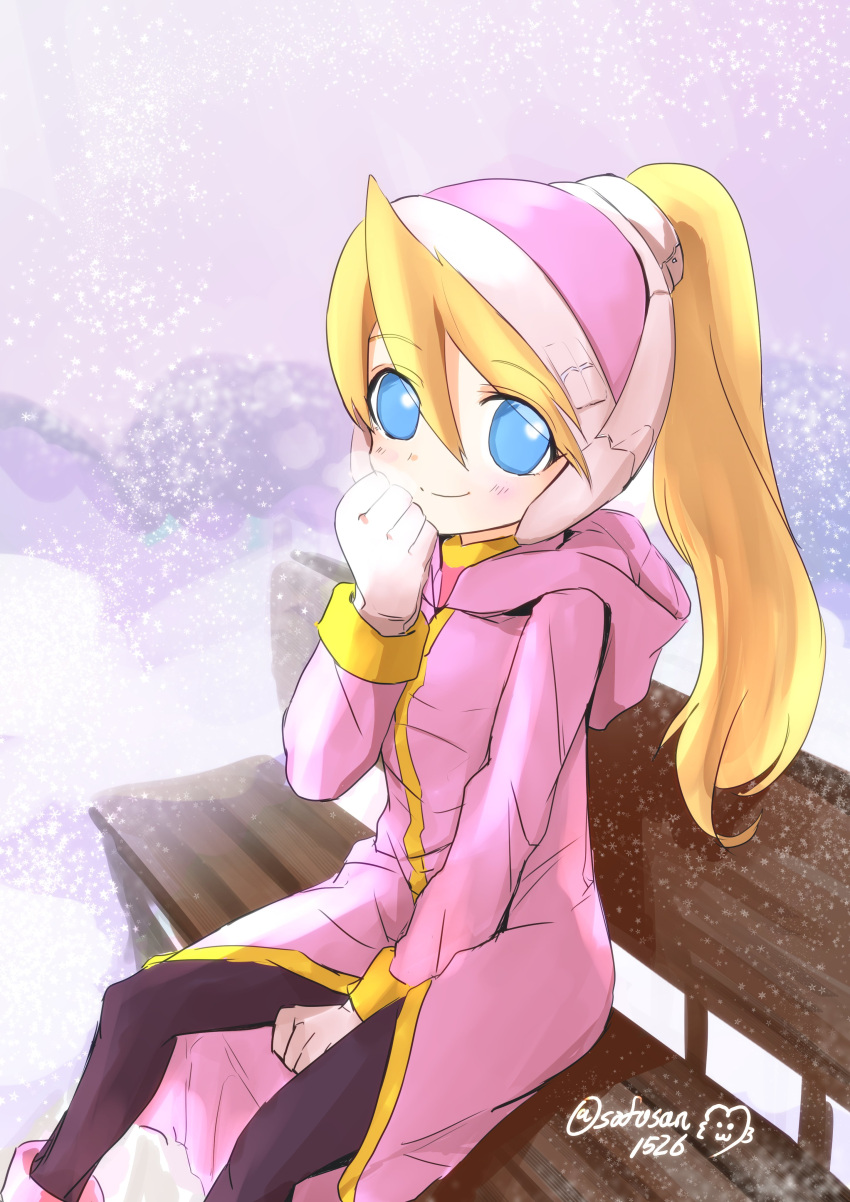 1girl absurdres blonde_hair blue_eyes ciel_(mega_man) drawing gloves helmet highres mega_man_(series) mega_man_zero ponytail signature snowing sofusan1526 solo