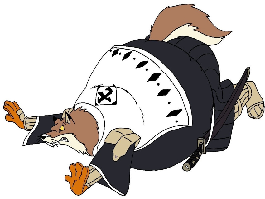 2009 anthro bleach_(series) canid canine clenched_teeth clothed clothing falling fox hectorthewolf lying male mammal obese obese_anthro obese_male on_front overweight overweight_anthro overweight_male sajin_komamura simple_background solo sword_sheath teeth whiskers white_background wide_eyed