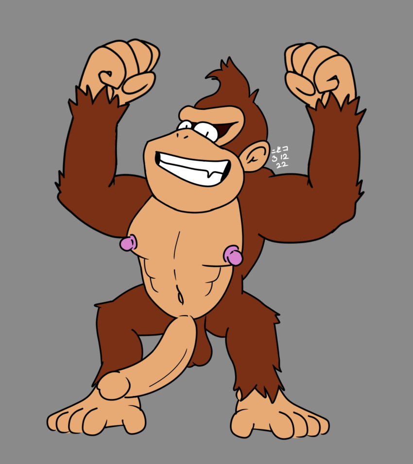 anthro ape balls donkey_kong_(character) donkey_kong_(series) erection genitals gorilla haplorhine hi_res humanoid looking_at_viewer male mammal muscular muscular_male nintendo nipples niseko_(artist) nude penis primate simple_background smile solo video_games