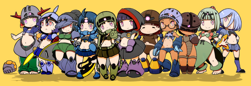 6+girls acguy beeru_(veil8801) black_skirt blue_helmet blue_skirt breasts bright_pupils brown_helmet cleavage closed_mouth dom_(mobile_suit) gelgoog gogg gouf green_helmet green_pants green_shorts green_skirt green_sports_bra grey_helmet gundam gundam_ms_igloo gyan helmet highleg highleg_one-piece_swimsuit hood hood_up medium_breasts miniskirt mobile_suit_gundam multiple_girls navel one-piece_swimsuit one-piece_tan pants personification pink_eyes pleated_skirt red_eyes short_hair shorts simple_background skirt smile sports_bra swim_cap swimsuit tan tanlines track_pants underboob visor_cap white_pupils yellow_background z'gok zaku_ii zeong zock zudah