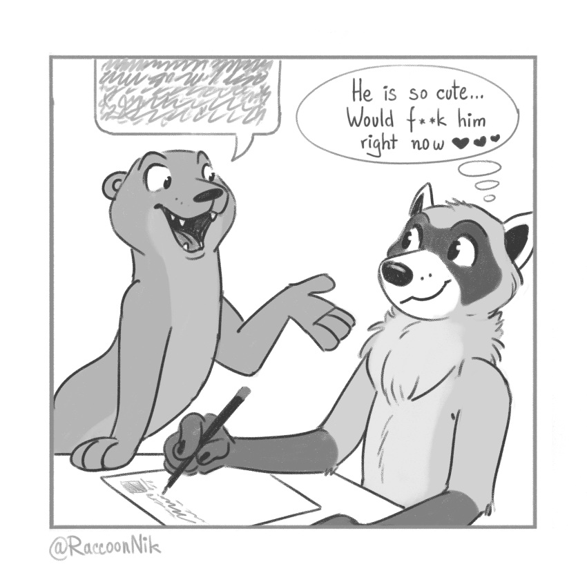 2020 4_fingers anthro duo english_text eye_contact felix_(nik159) fingers hi_res holding_object holding_pen humor looking_at_another lutrine male mammal monochrome mustelid nik_(nik159) nikraccoom open_mouth pen procyonid raccoon speech_bubble text thought_bubble