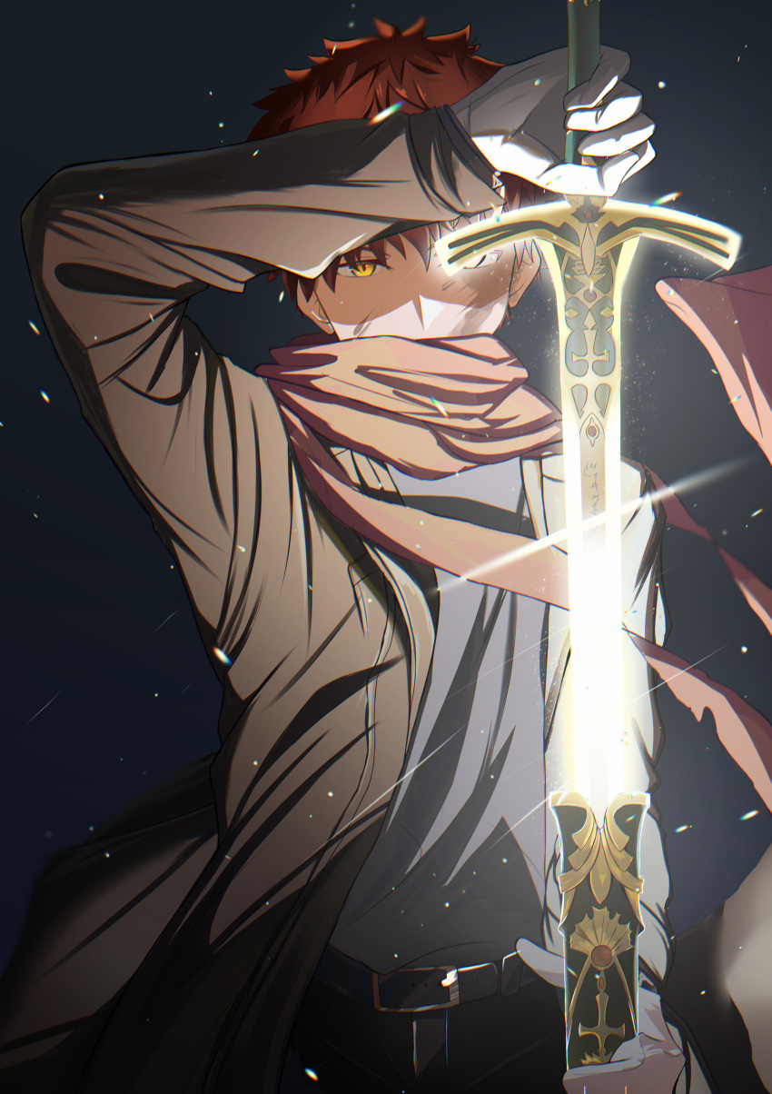 absurdres ahoge arm_up armor black_coat bright_background caliburn_(fate) closed_mouth coat colored_skin dark emiya_shirou emiya_shirou_(prisma_illya) fate/kaleid_liner_prisma_illya fate/stay_night fate_(series) faulds fighting_stance gloves highres holding holding_sword holding_weapon igote looking_at_viewer multicolored_skin only open_clothes open_coat orange_eyes red_scarf scarf serious shadow sheath shiny_clothes shokobr short_hair solo standing sword torn_clothes torn_scarf two-tone_skin unsheathing weapon white_gloves