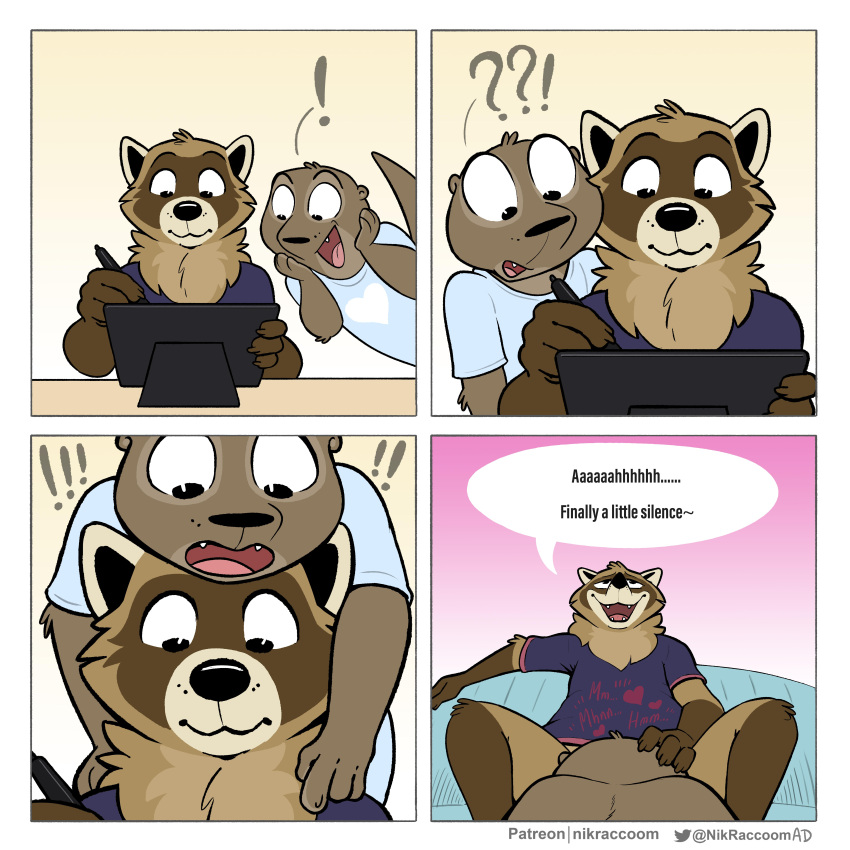&lt;3 1:1 2021 ? absurd_res anthro anthro_on_anthro biped brown_body brown_fur clothed clothing comic dialogue drawing_tablet duo english_text exclamation_point felix_(nik159) fellatio fur hand_on_head heart_clothing hi_res holding_object holding_pen humor low-angle_view lutrine male male/male mammal mustelid nik_(nik159) nikraccoom open_mouth oral pen penile procyonid raccoon sex sitting speech_bubble text topwear