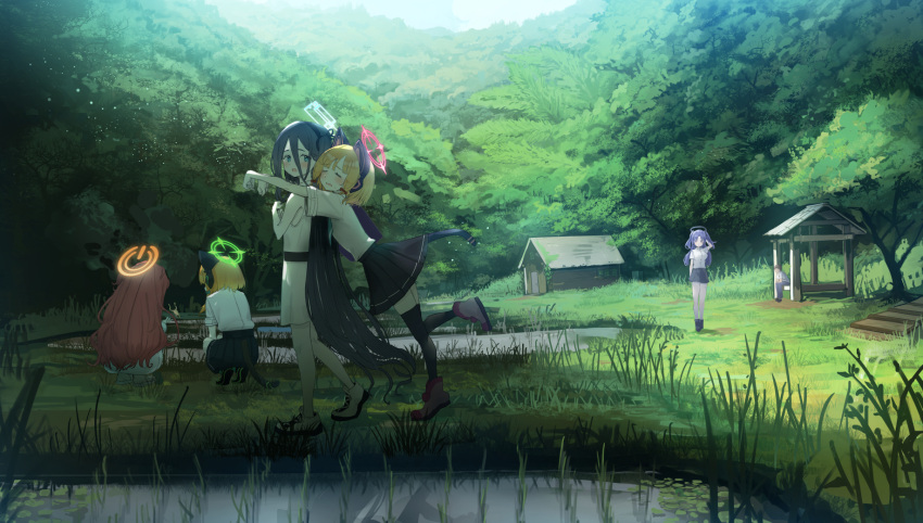 1boy 5girls arisu_(blue_archive) bannouyakunta black_footwear black_hair black_hairband black_legwear black_skirt blonde_hair blue_archive blue_eyes blush bow brown_hair cat_ear_headphones cat_tail closed_eyes collared_shirt dress facing_away frog grass green_bow hair_bow hair_ornament hairband halo hand_in_hair headphones highres landscape light_particles long_hair looking_at_another midori_(blue_archive) momoi_(blue_archive) multiple_girls one_side_up open_mouth parted_lips pleated_skirt purple_hair red_bow red_footwear red_hair reflection sandals sensei_(blue_archive) shed shirt shoes short_hair short_sleeves skirt sleeveless sleeveless_dress sneakers squatting sweatdrop tail thighhighs tree two_side_up very_long_hair walking white_dress white_footwear white_shirt wide_shot yuuka_(blue_archive) yuzu_(blue_archive)