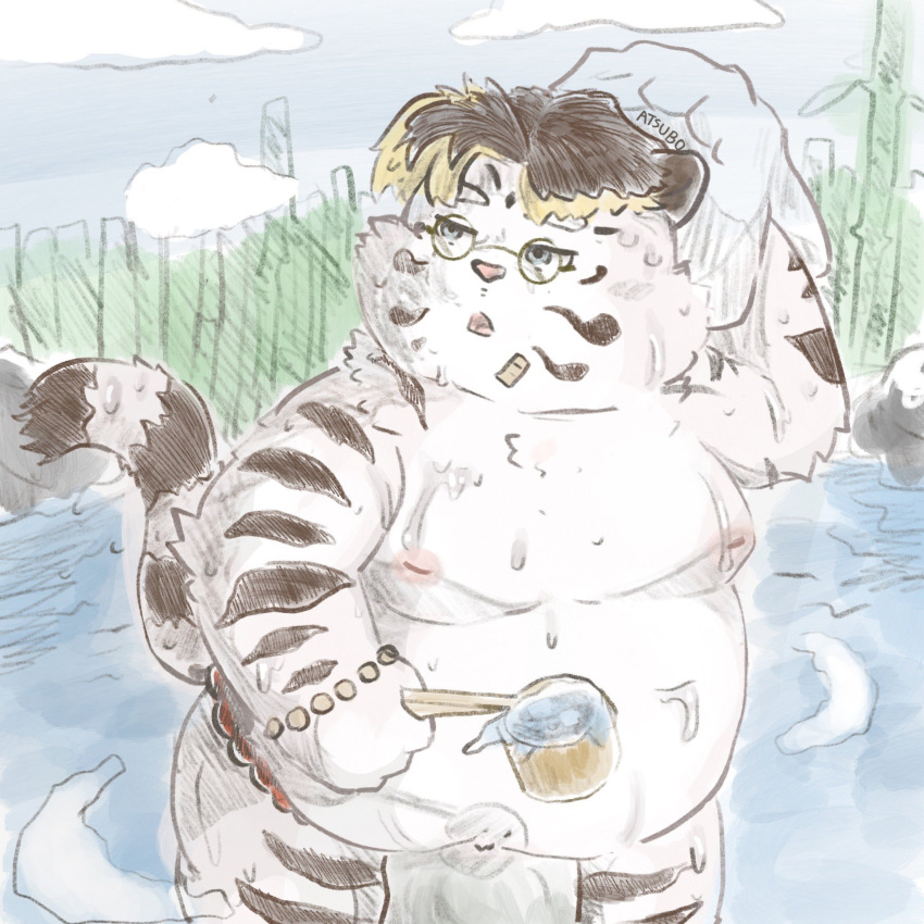 2022 anthro asian_clothing band-aid bandage bathing belly clothing east_asian_clothing eyewear felid fundoshi glasses hi_res japanese_clothing kemono licho_(tas) lifewonders male mammal moobs nipples outside overweight overweight_male pantherine pxppxo solo tiger tokyo_afterschool_summoners towel underwear video_games white_body young