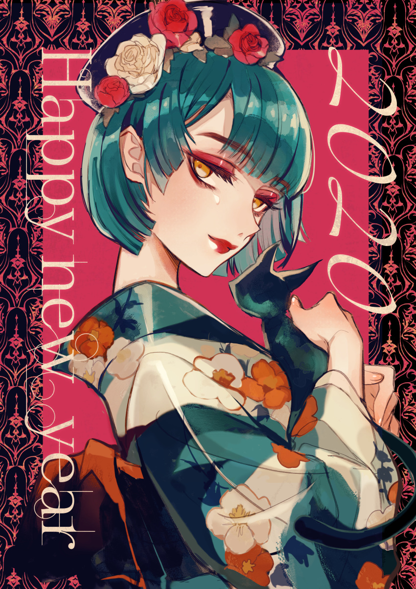 1girl 2020 absurdres animal aqua_hair bangs blunt_bangs bob_cut cat dated eyeshadow floral_print flower framed from_side half-closed_eyes happy_new_year headgear highres holding holding_animal japanese_clothes kimono lipstick looking_at_viewer makeup original pink_background print_kimono remon_(10112) short_hair smile yellow_eyes