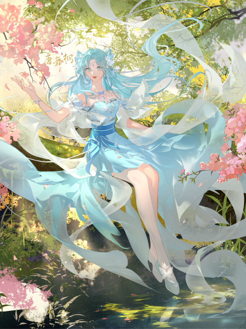 1girl absurdres bare_shoulders blue_dress blue_hair cherry_blossoms douluo_dalu dress grass hair_ornament high_heels highres in_tree long_hair sitting sitting_in_tree tang_wutong_(douluo_dalu) tang_wutong_tongren_she tree weibo_id