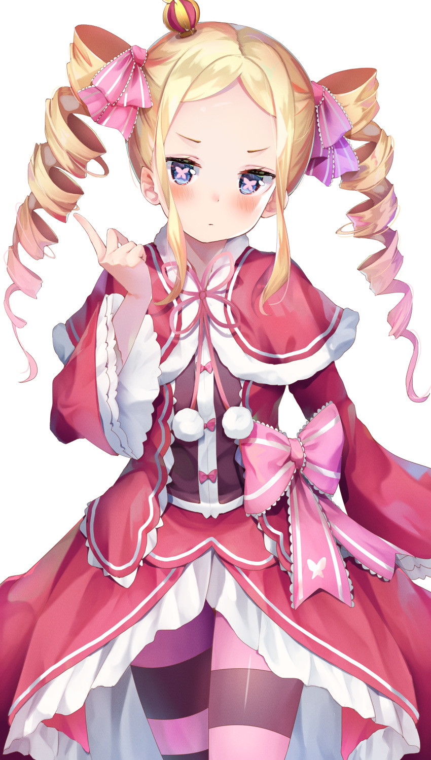 1girl absurdres bangs beatrice_(re:zero) blonde_hair blue_eyes blush capelet cowboy_shot crown dress drill_hair hair_ribbon hand_up highres index_finger_raised long_hair looking_at_viewer mini_crown neck_ribbon pink_hair pink_legwear pink_ribbon re:zero_kara_hajimeru_isekai_seikatsu red_capelet ribbon simple_background solo striped striped_legwear symbol-shaped_pupils twin_drills white_background yuunamida_uyu