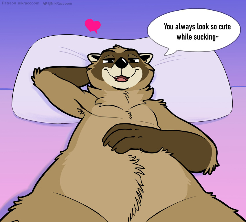 &lt;3 2021 anthro brown_body brown_fur dialogue english_text first_person_view fur hand_behind_head hi_res lying mammal nik_(nik159) nikraccoom nude on_back open_mouth pillow procyonid raccoon solo speech_bubble suggestive text