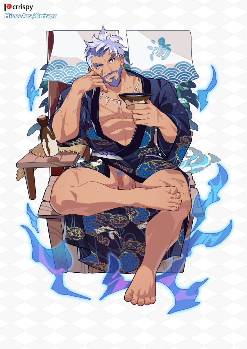 1boy abs absurdres alternate_costume bara beard belt bottle chair covered_penis crossed_legs crrispy_shark cup dark-skinned_male dark_skin elbow_rest facial_hair full_body happi head_on_hand head_tilt highres holding holding_cup japanese_clothes jewelry kimono large_pectorals leaning_on_object logo looking_at_viewer male_focus male_pubic_hair mature_male multicolored_hair muscular muscular_male mustache necklace old old_man open_clothes open_kimono patterned_background patterned_clothing pectoral_cleavage pectorals pubic_hair purple_eyes purple_hair reward_available sakazuki sake_bottle scar scar_on_cheek scar_on_chest scar_on_face short_hair sitting smile solo sweat sweatdrop tan thick_arms thick_eyebrows thick_thighs thighs tooth_necklace two-tone_hair vyron_(world_flipper) wet white_hair world_flipper