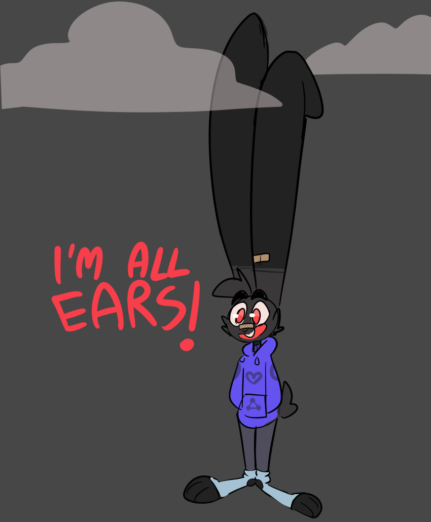 absurd_res anthro big_ears black_body black_fur buckteeth cheek_tuft clothing facial_tuft footwear fur grey_background grey_body grey_fur hand_in_pocket hands_in_both_pockets hi_res hoodie huge_ears humor hyper_ears lagomorph leporid male mammal nix_(the_xing1) open_mouth open_smile pockets purple_clothing purple_hoodie purple_topwear rabbit raised_tail red_eyes simple_background smile socks solo sweatpants teeth the_xing1 toe_socks topwear tuft wide_eyed