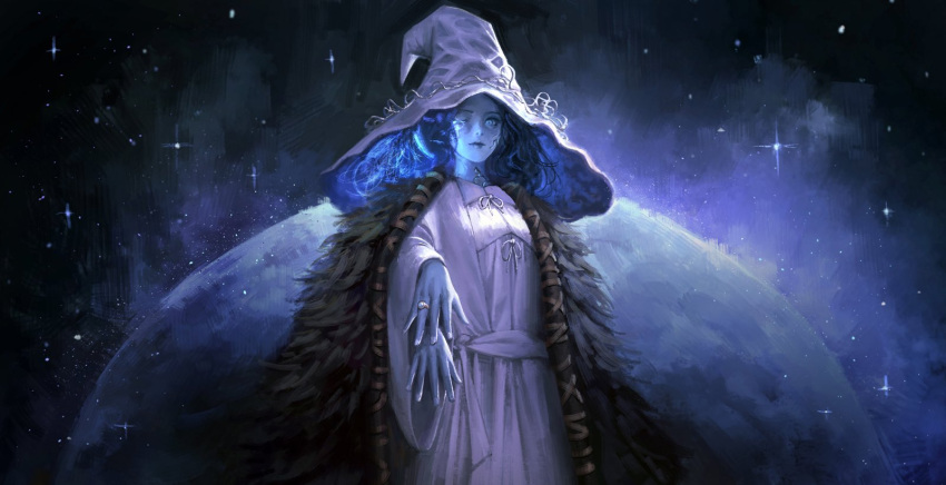 1girl blue_eyes blue_hair blue_skin breasts colored_skin crack cracked_skin elden_ring english_commentary extra_arms extra_faces fingernails fur_coat glowing_tattoo hat highres jewelry looking_at_viewer moon one_eye_closed phamoz ranni_the_witch ring small_breasts solo spoilers wide_sleeves witch witch_hat