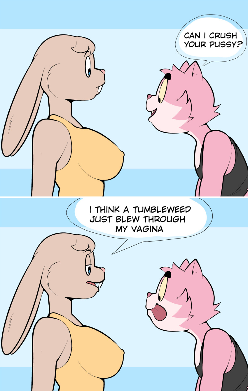 anthro big_breasts breasts dialogue domestic_cat duo eroborus felid feline felis female hi_res lagomorph leporid male male/female mammal propositioning rabbit roz simple_background