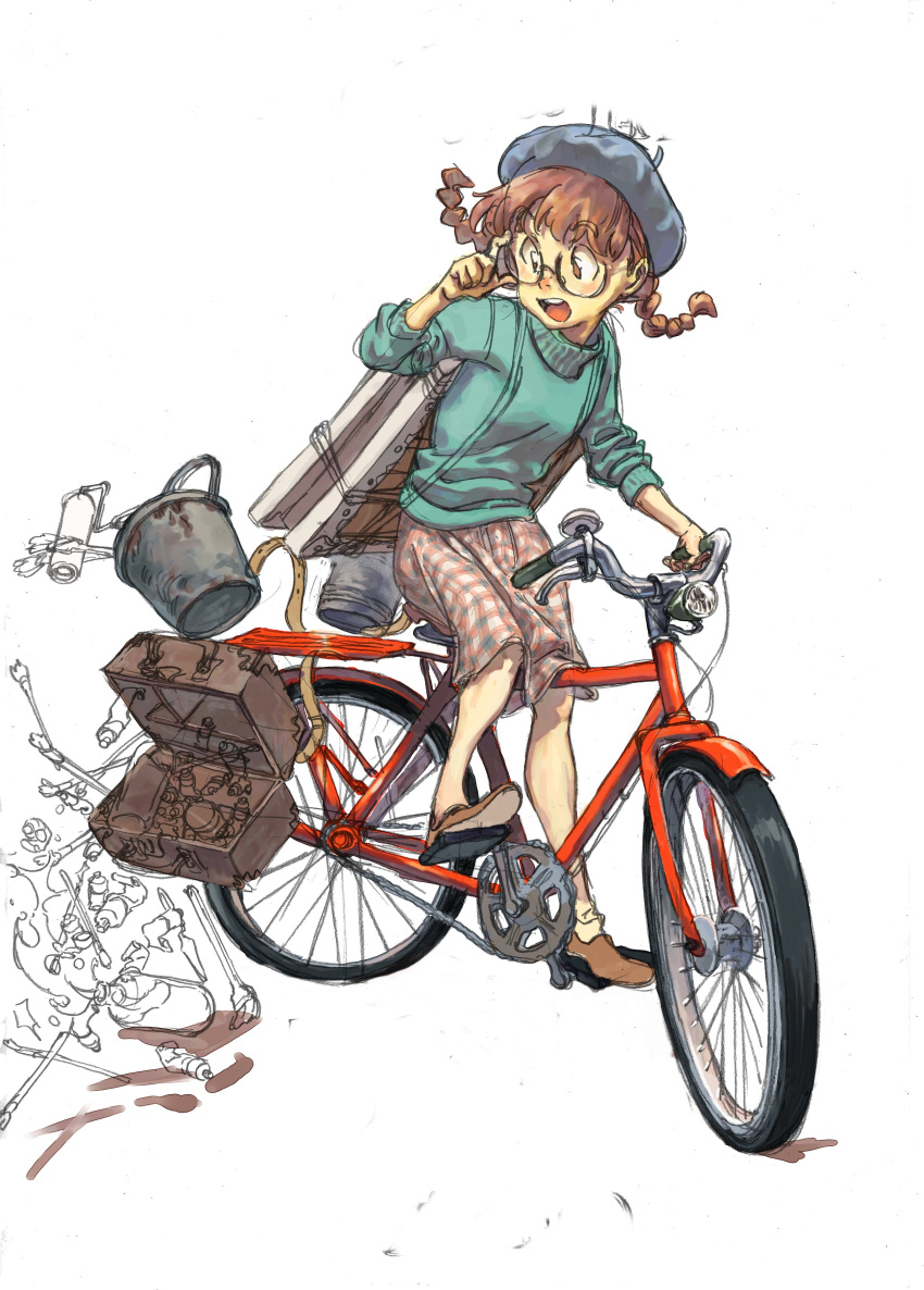 1girl absurdres adjusting_eyewear bangs beret bicycle blue_headwear braid brown_eyes brown_hair bucket canvas_(object) full_body glasses green_sweater ground_vehicle hand_up hat highres kariya_(kry_aia) long_hair open_mouth original paint_roller paint_tube paintbrush partially_colored pink_skirt riding_bicycle simple_background skirt solo spilling sweater twin_braids twintails white_background