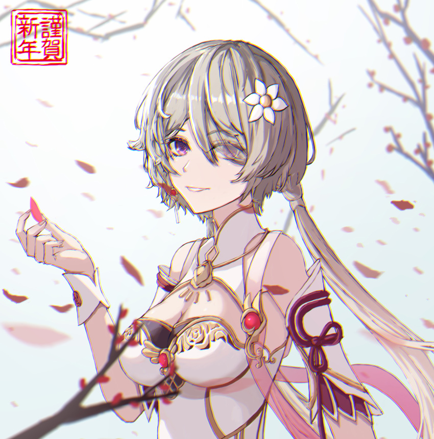 1girl absurdres bangs branch breasts brown_dress brown_hair china_dress chinese_clothes chinese_new_year cleavage dress flower grin hair_over_one_eye highres honkai_(series) honkai_impact_3rd kabuto_tong long_hair looking_at_viewer petals purple_eyes rita_rossweisse rita_rossweisse_(artemis) smile solo teeth twintails white_flower