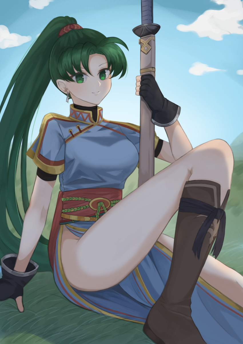 1girl akacolor blue_dress blue_sky boots cloud dress earrings fingerless_gloves fire_emblem fire_emblem:_the_blazing_blade gloves grass green_eyes green_hair highres jewelry katana long_hair looking_at_viewer lyn_(fire_emblem) ponytail rope_belt sitting sky smile sword thighs very_long_hair weapon