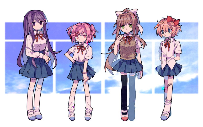 4girls arms_behind_back bandage_on_knee bandages black_legwear blue_eyes blue_skirt brown_hair closed_mouth collared_shirt doki_doki_literature_club glitch green_eyes hair_ornament hair_ribbon hairclip highres katasu_yasumi long_hair long_sleeves monika_(doki_doki_literature_club) multiple_girls natsuki_(doki_doki_literature_club) open_mouth orange_hair pink_eyes pink_hair pleated_skirt ponytail purple_eyes purple_hair red_ribbon ribbon sayori_(doki_doki_literature_club) school_uniform shirt shirt_tucked_in short_hair skirt sleeve_cuffs smile socks standing twintails untucked_shirt white_legwear white_ribbon white_shirt yuri_(doki_doki_literature_club)