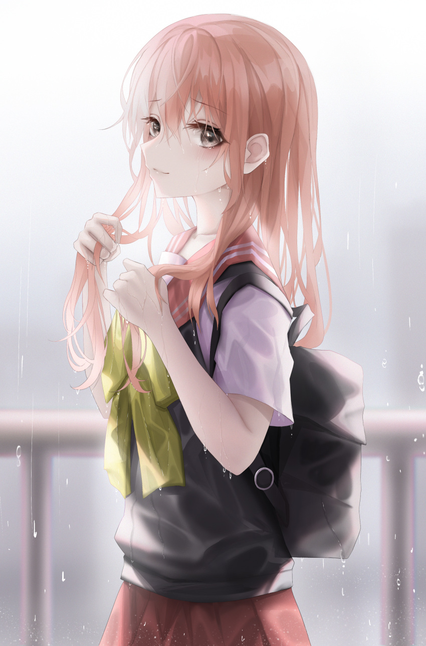 1girl absurdres backpack bag bangs black_legwear blurry blurry_background blush bow breasts brown_bow collarbone depth_of_field eyebrows_visible_through_hair flower grey_eyes hair_between_eyes hands_up highres holding holding_hair inui_sajuna long_hair outdoors pink_hair rain red_sailor_collar red_skirt rose sailor_collar school_uniform see-through shirt short_sleeves skirt small_breasts smile solo sono_bisque_doll_wa_koi_wo_suru standing sweater_vest thighhighs turbulence wet wet_clothes wet_hair wet_shirt white_shirt