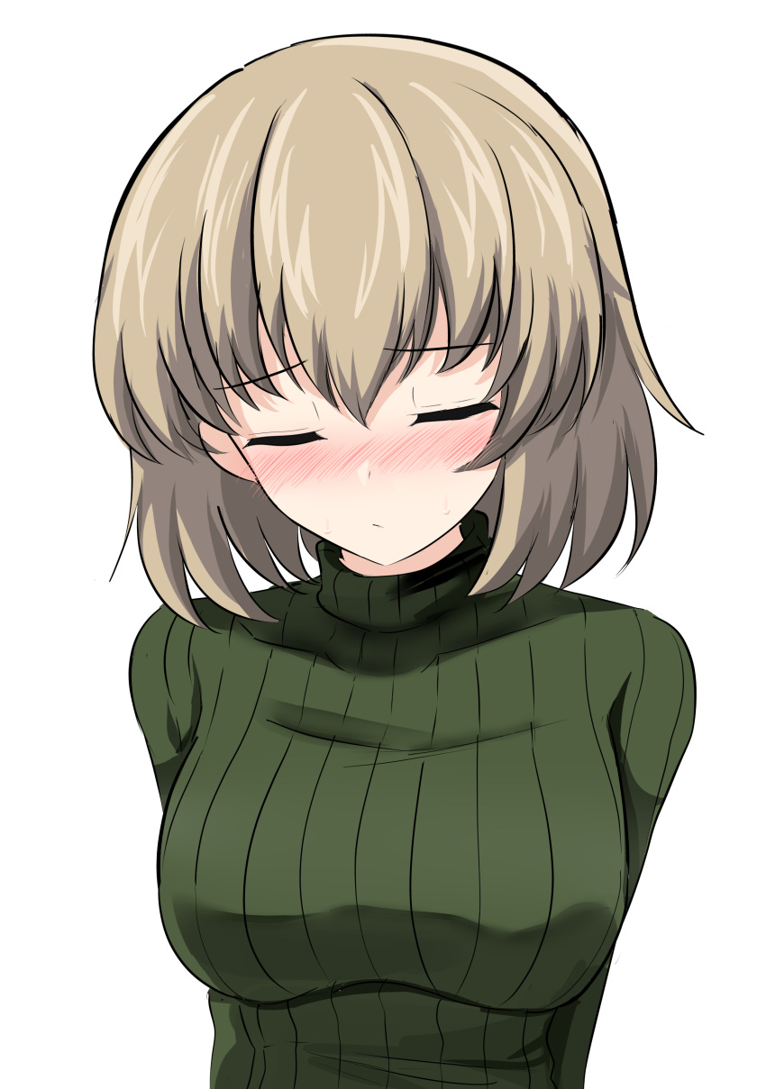 1girl absurdres aikir_(jml5160) bangs blonde_hair blush bob_cut casual closed_mouth eyebrows_visible_through_hair facing_viewer frown girls_und_panzer highres katyusha_(girls_und_panzer) older ribbed_sweater short_hair simple_background solo sweater upper_body white_background