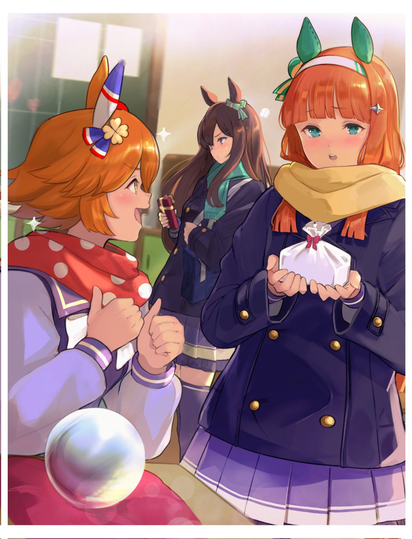 3girls animal_ears bangs blouse blue_coat blunt_bangs blurry blurry_background bow box brown_hair buttons classroom coat commentary_request crystal_ball double-breasted ear_covers ear_ribbon fringe_trim gift gift_box green_eyes green_scarf hair_ornament hairband hairclip highres holding holding_gift horse_ears horse_girl indoors kodai2015 long_hair long_sleeves looking_at_another looking_back matikanefukukitaru_(umamusume) mejiro_dober_(umamusume) miniskirt multiple_girls open_mouth pleated_skirt purple_blouse purple_legwear purple_skirt scarf school_uniform serafuku short_hair silence_suzuka_(umamusume) single_ear_cover sitting skirt smile standing thighhighs tracen_school_uniform umamusume valentine white_bow white_hairband winter_clothes winter_uniform yellow_scarf