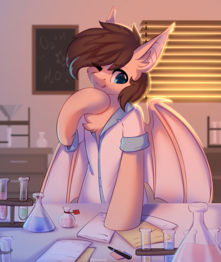 alphadesu ambiguous_gender bat_pony bat_wings blue_eyes brown_hair clothing coat equid feral fur hair hasbro hi_res inner_ear_fluff lab_coat mammal membrane_(anatomy) membranous_wings my_little_pony paper pen potion science solo tan_body tan_fur tongue tongue_out topwear tuft window wings