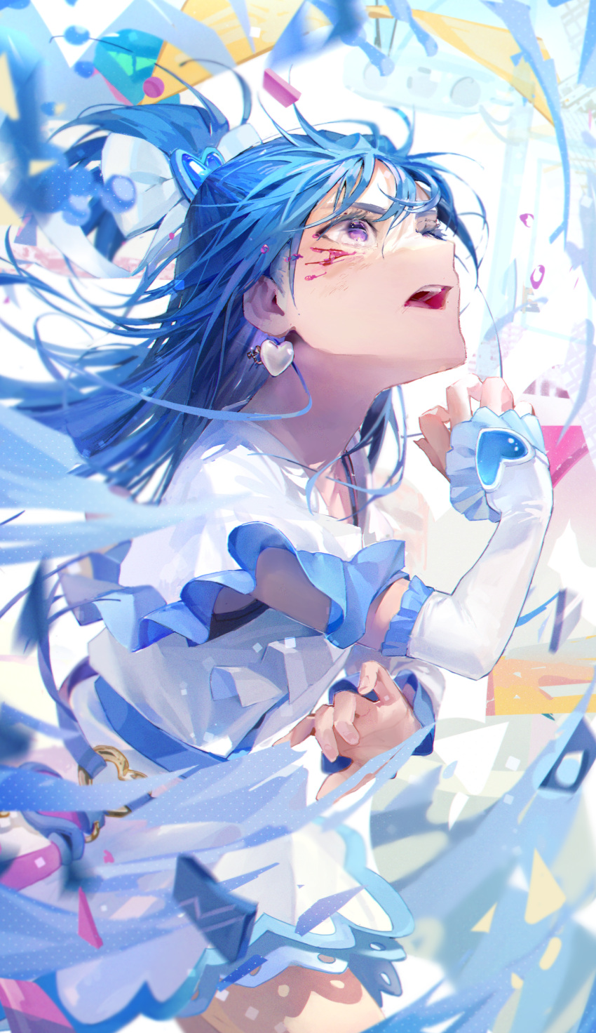 1girl absurdres blood blood_on_face blue_bow blue_hair blue_theme blurry bow close-up commentary_request confetti cowboy_shot cure_white cuts dappled_sunlight day depth_of_field detached_sleeves earrings eyelashes flag floating_hair from_side futari_wa_precure hair_between_eyes hair_bow hair_ornament half_updo hand_up heart heart_earrings heart_hair_ornament highres idoukunn injury jewelry long_hair looking_away looking_up o-ring open_mouth ponytail pouch precure purple_eyes running short_sleeves solo string_of_flags sunlight water yukishiro_honoka