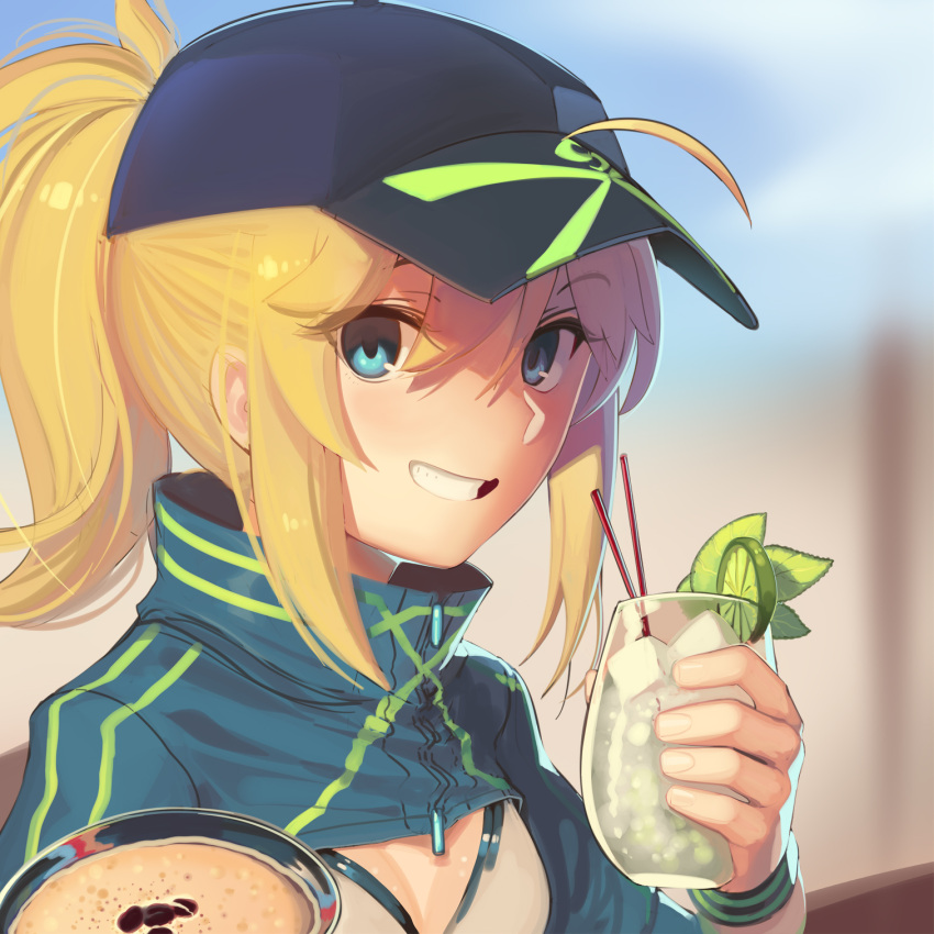 1girl ahoge artoria_pendragon_(fate) bangs baseball_cap bikini blonde_hair blue_eyes blue_headwear blue_jacket blush boa_(brianoa) breasts cleavage cropped_jacket fate/grand_order fate_(series) hair_through_headwear hat highres jacket long_hair looking_at_viewer medium_breasts mysterious_heroine_xx_(fate) ponytail shrug_(clothing) smile solo swimsuit white_bikini