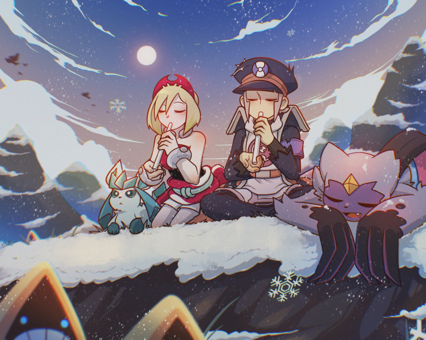 1boy 1girl armband bare_shoulders black_jacket blonde_hair bracelet closed_eyes cloud english_commentary evening flute glaceon grey_hair hat highres indian_style ingo_(pokemon) instrument irida_(pokemon) jacket jewelry kneeling m-hex music obi obijime outdoors pants peaked_cap pearl_clan_outfit playing_flute playing_instrument pokemon pokemon_(game) pokemon_legends:_arceus sash short_hair short_shorts shorts sideburns sitting sleeping sneasler snorunt snow snowflakes snowing sun torc torn_clothes white_shorts