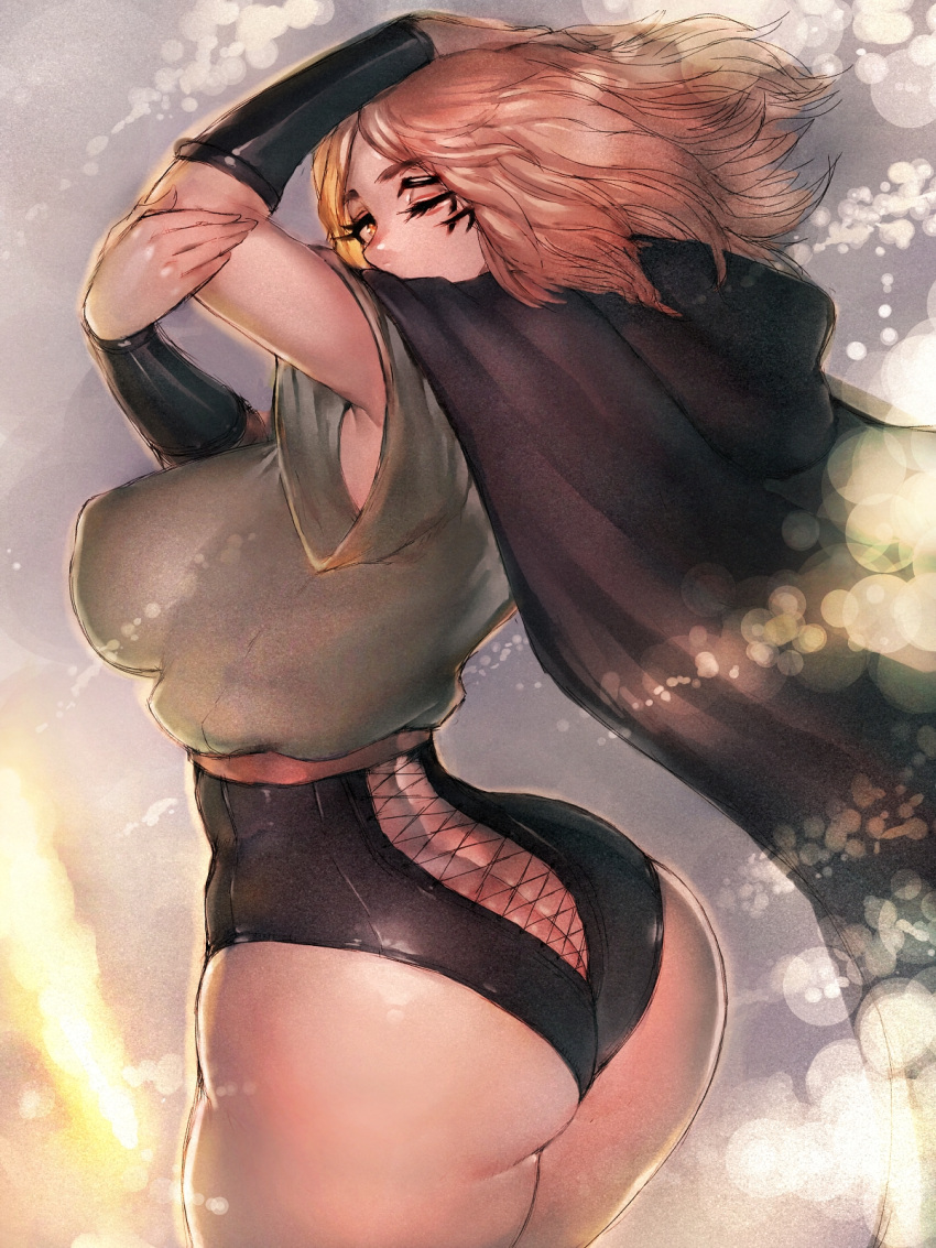 1girl arms_behind_head arms_up ass backless_outfit blush breasts brown_eyes brown_hair cape cloak dress elden_ring from_behind fumio_(rsqkr) highres large_breasts leotard leotard_under_clothes medium_hair melina_(elden_ring) one_eye_closed pantylines parted_lips shiny shiny_clothes shiny_hair sideboob thick_thighs thighs