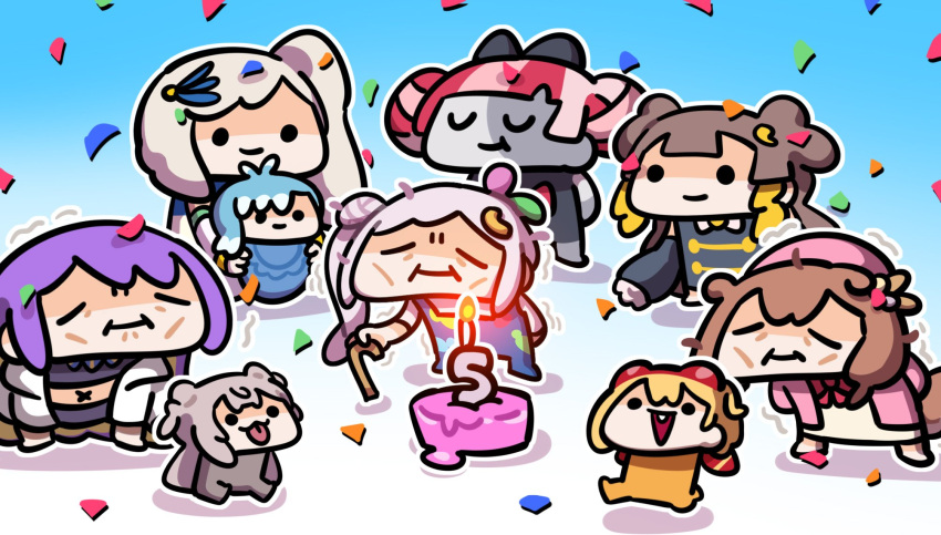 6+girls airani_iofifteen anniversary anya_melfissa ayunda_risu cake cane chibi chibi_only closed_eyes closed_mouth food highres hololive hololive_indonesia kaela_kovalskia keenbiscuit kobo_kanaeru kureiji_ollie moona_hoshinova multiple_girls old old_woman pavolia_reine purple_hair smile vestia_zeta