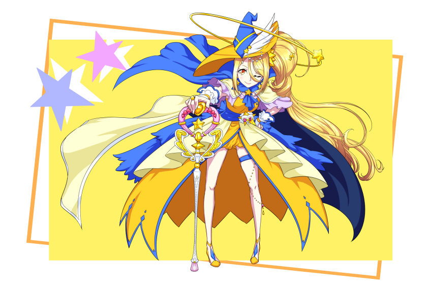 1girl adapted_costume alternate_costume asymmetrical_legwear blonde_hair cape commentary_request cure_etoile dress earrings eyelashes happy hat high_heels highres hugtto!_precure jewelry kagayaki_homare long_hair looking_at_viewer magical_girl matatabi_(karukan222) one_eye_closed ponytail precure side_ponytail smile solo standing star_(symbol) star_earrings witch witch_hat yellow_dress yellow_eyes yellow_theme