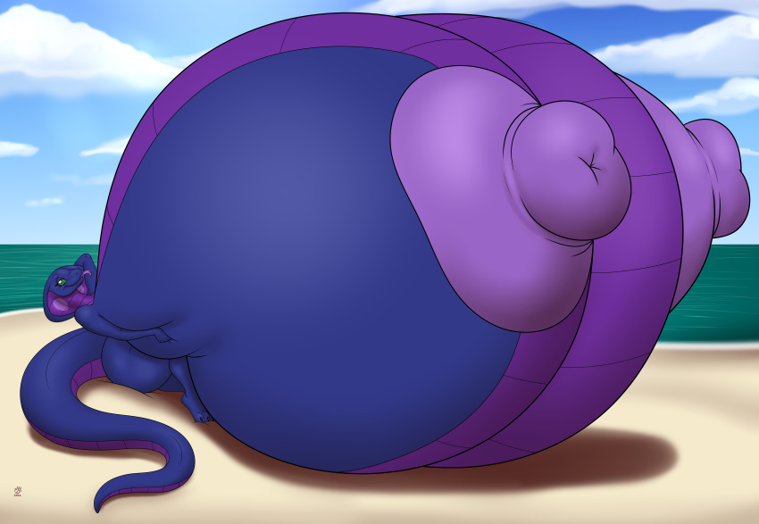 absurd_res anthro areola badgerben beach big_areola big_breasts big_tail breasts claws cloud cobra curvy_figure female forked_tongue green_eyes hand_behind_head hi_res holding_breast huge_areola huge_breasts hyper hyper_areola hyper_breasts looking_at_viewer nadja_coba purple_body reclining reptile scalie seaside smile snake snake_hood solo toe_claws tongue tongue_out