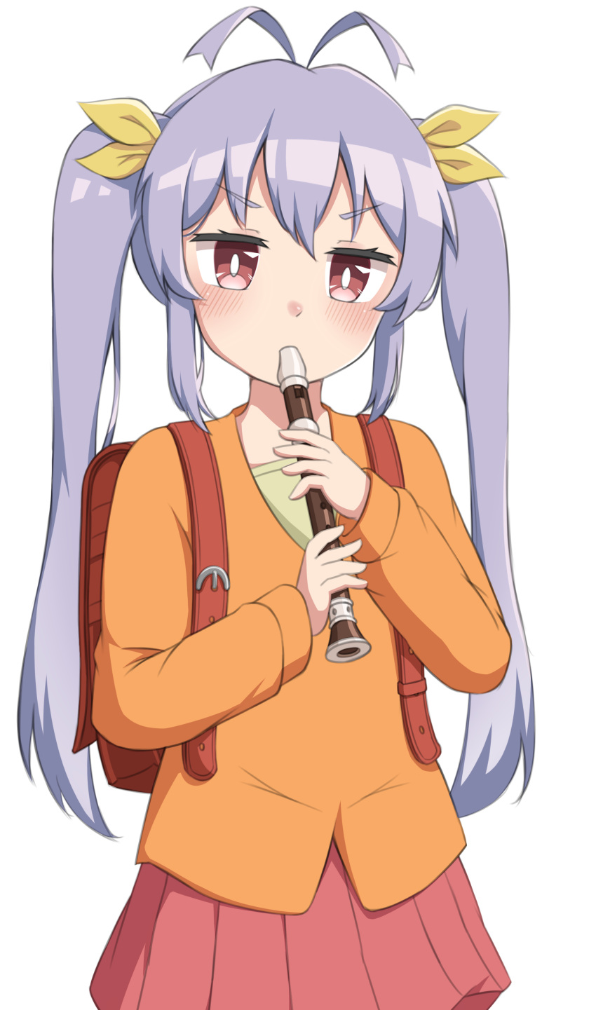 1girl absurdres antenna_hair backpack bag bangs blush commentary cowboy_shot eyebrows_visible_through_hair hair_ribbon highres holding holding_instrument instrument light_purple_hair long_hair long_sleeves looking_at_viewer miyauchi_renge mooramango non_non_biyori orange_sweater pleated_skirt randoseru recorder red_bag red_eyes red_skirt ribbon simple_background skirt solo standing sweater twintails white_background yellow_ribbon