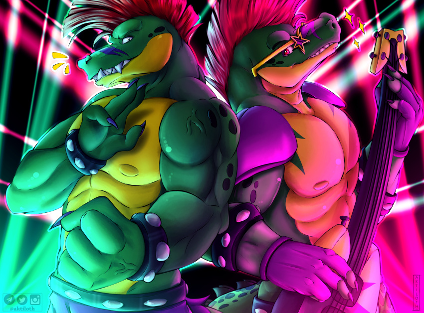 abs absurd_res aktiloth alligator alligatorid animatronic anthro bass_guitar biceps bottomwear claws clothed clothing crocodilian digital_media_(artwork) duo eyewear fighting_pose fingerless_gloves fingers five_nights_at_freddy's five_nights_at_freddy's:_security_breach gloves green_body guitar hair handwear hi_res lizard looking_at_viewer machine male mohawk montgomery_gator_(fnaf) muscular muscular_anthro muscular_male musical_instrument neon_lights nipples pants pecs playing_music plucked_string_instrument pose reptile robot scalie scottgames selfcest shoulder_pads simple_background smile smirk square_crossover standing string_instrument sunglasses teeth topless topless_male veiny_muscles video_games