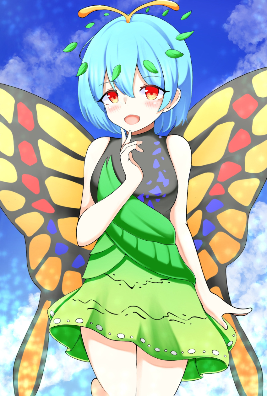 1girl alternate_breast_size antennae aqua_hair bangs breasts bug butterfly butterfly_wings dress eternity_larva eyebrows_visible_through_hair fairy green_skirt gyuta hair_between_eyes hidden_star_in_four_seasons highres leaf leaf_on_head looking_at_viewer medium_breasts multicolored_clothes multicolored_dress short_hair skirt solo standing touhou wings