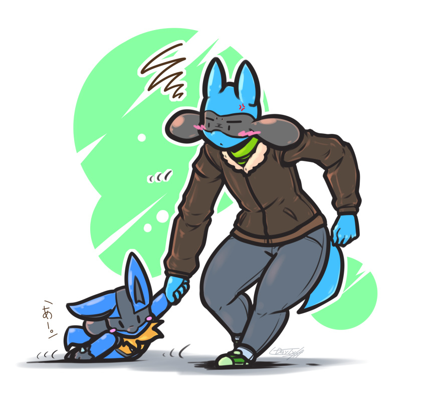 2022 annoyed anthro blue_ears blue_tail blush bottomwear brown_clothing brown_topwear clothed clothed/nude clothing cross-popping_vein day-t footwear fully_clothed fur green_clothing green_footwear green_shoes grey_bottomwear grey_clothing grey_pants hi_res lucario nintendo nude pants pok&eacute;mon pok&eacute;mon_(species) riolu shoes size_difference topwear video_games yellow_body yellow_fur