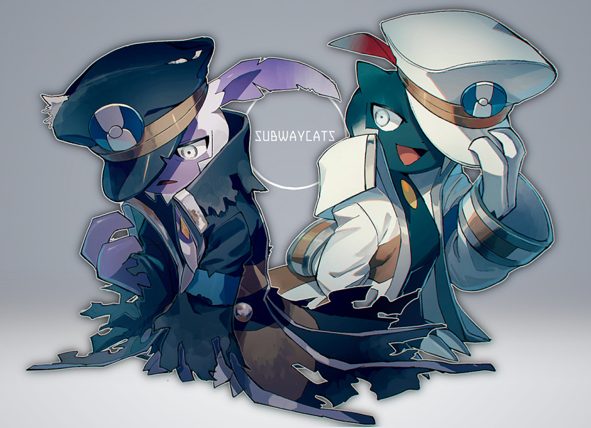 animalization black_coat black_headwear coat emmet_(pokemon) hat hisuian_sneasel ingo_(pokemon) no_humans peaked_cap pokemon pokemon_(creature) pokemon_(game) pokemon_legends:_arceus siblings sneasel torn_clothes torn_coat twins white_coat white_headwear wrbs