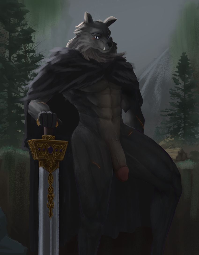 absurd_res anthro big_penis black_body black_fur blaidd_(elden_ring) blue_eyes canid canine canis cape cape_only clothing elden_ring facial_scar fangs fromsoftware fur genitals greatsword half-erect hi_res humanoid_genitalia humanoid_penis katazai male mammal melee_weapon mostly_nude penis scar sitting solo video_games weapon wolf