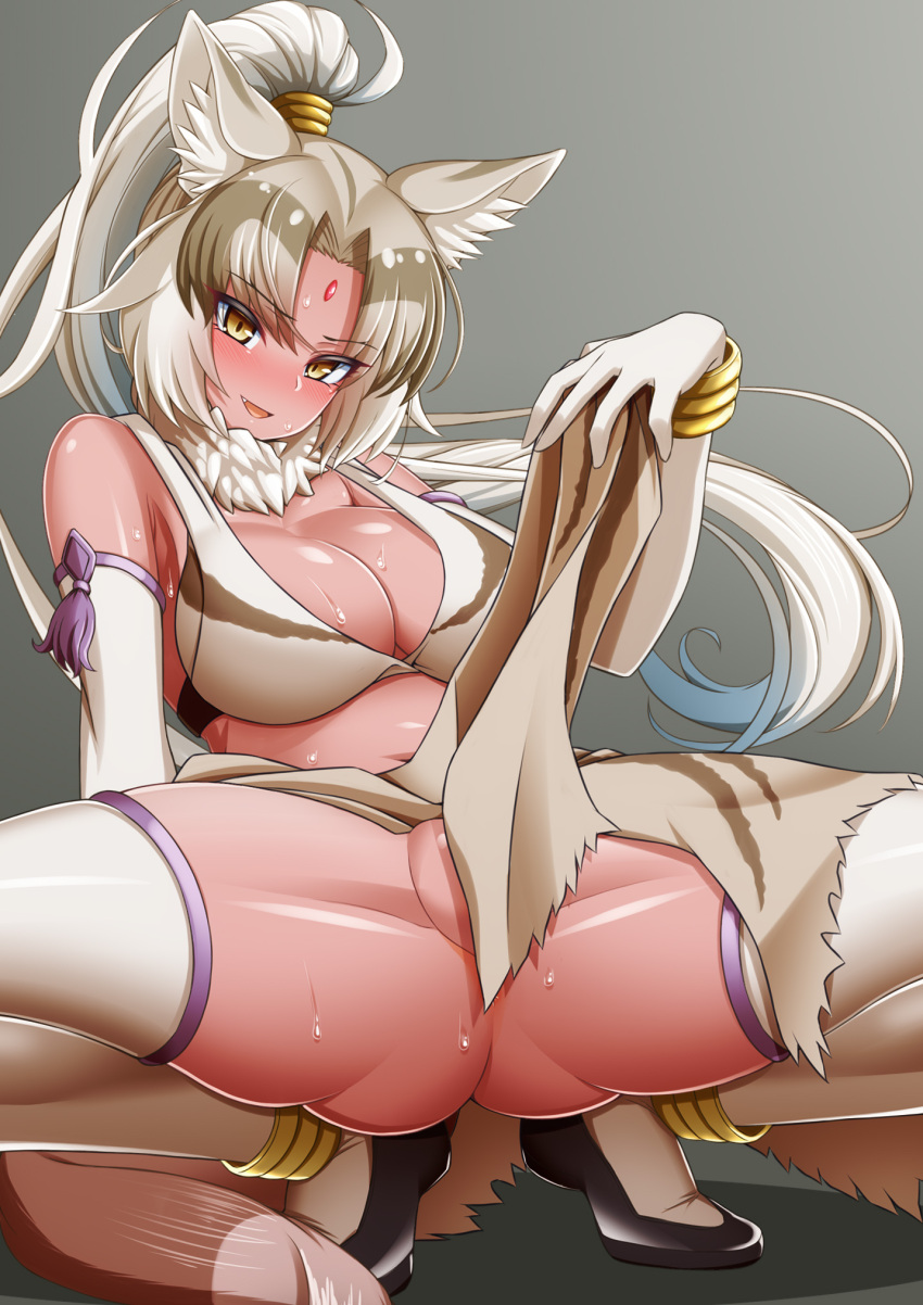 1girl animal_ear_fluff animal_ears arm_at_side ass bare_shoulders blue_hair blush breasts brown_hair cleavage clothes_lift detached_collar elbow_gloves eyebrows_visible_through_hair facial_mark fang floating_hair forehead_mark fur_collar gloves grey_hair hand_up high_ponytail highres indian_wolf_(kemono_friends) kemono_friends large_breasts leaning_back lifted_by_self long_hair looking_at_viewer midriff morimasakazu multicolored_hair navel no_panties open_mouth partially_visible_vulva reward_available sarong sarong_lift seductive_smile shiny shiny_skin shoes smile solo spread_legs squatting stomach strap_gap sweat tail tan teasing thighhighs thighs very_long_hair wolf_ears wolf_girl wolf_tail yellow_eyes