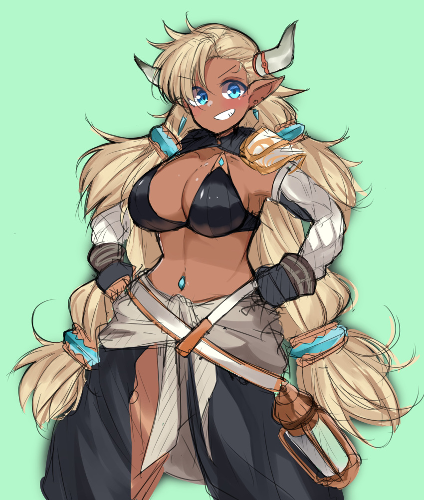 1girl absurdres almeida_(granblue_fantasy) antyobi0720 black_gloves blonde_hair blue_eyes blush breasts cleavage collarbone dark-skinned_female dark_skin earrings eyebrows_visible_through_hair fingerless_gloves gloves granblue_fantasy grin hands_on_hips highres horns jewelry large_breasts long_hair looking_at_viewer navel navel_piercing parted_lips piercing pointy_ears sketch smile solo teeth