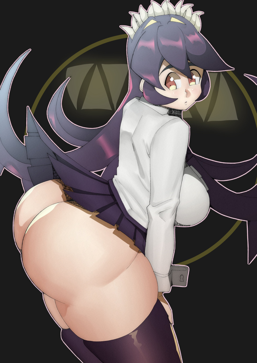 1girl absurdres ass black_hair black_skirt breasts collared_shirt commentary curvy doublehero english_commentary filia_(skullgirls) futakuchi-onna highres huge_ass large_breasts living_hair long_hair midriff necktie no_panties prehensile_hair samson_(skullgirls) school_uniform shirt sideboob skirt skullgirls solo thick_thighs thighhighs thighs