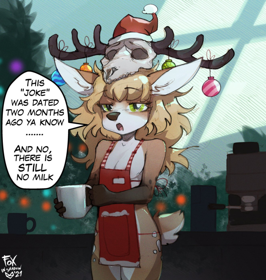 1girl animal_ears apron areola_slip areolae blonde_hair breasts christmas christmas_hat christmas_lights christmas_ornaments cup deer deer_antlers deer_ears deer_girl deer_tail foxinshadow furry green_eyes highres looking_at_viewer mug open_mouth original skull small_breasts solo speech_bubble tail