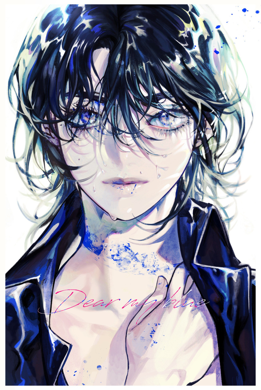1508_1508 1boy absurdres androgynous bangs black_hair black_shirt blue_eyes border collarbone collared_shirt commentary english_commentary english_text eyelashes hair_over_eyes hand_on_own_chest highres ink ink_on_face light_smile lips looking_at_viewer male_focus messy_hair original paint_splatter portrait shirt short_hair slit_pupils solo straight-on wet white_background white_border