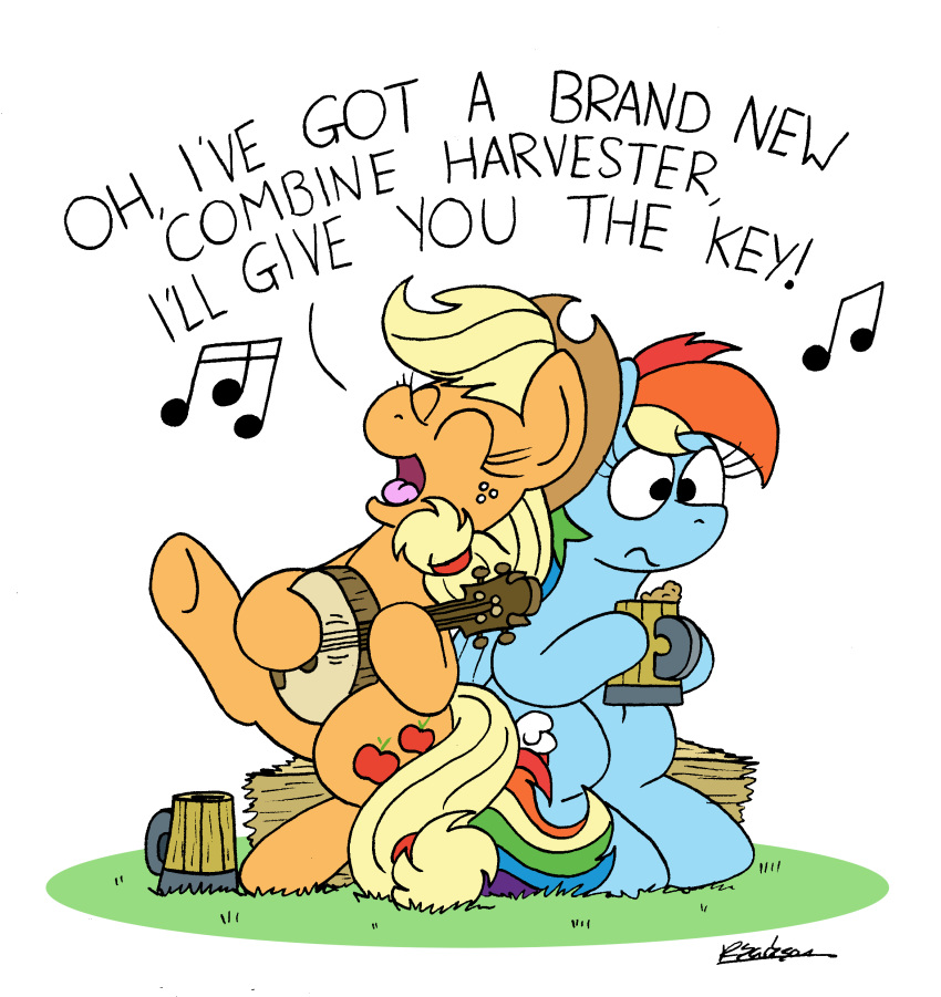 absurd_res applejack_(mlp) banjo_(instrument) black_eyes blonde_hair bobthedalek cider container cup cutie_mark earth_pony english_text equid equine eyes_closed female freckles friendship_is_magic grass hair hasbro hay hay_bale hi_res horse mammal multicolored_hair multicolored_tail musical_instrument musical_note my_little_pony pegasus plant plucked_string_instrument pony rainbow_dash_(mlp) rainbow_hair rainbow_tail simple_background singing sitting string_instrument text white_background wings