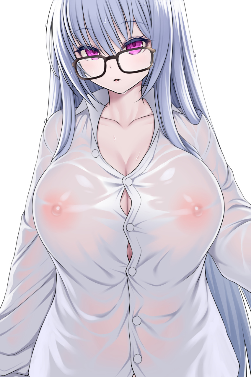 1girl asamura_hiori breasts button_gap cleavage covered_nipples glasses highres huge_breasts long_hair looking_at_viewer nipples original purple_eyes see-through shirt silver_hair solo taut_clothes taut_shirt tight tight_shirt upper_body wet wet_clothes wet_hair wet_shirt white_shirt