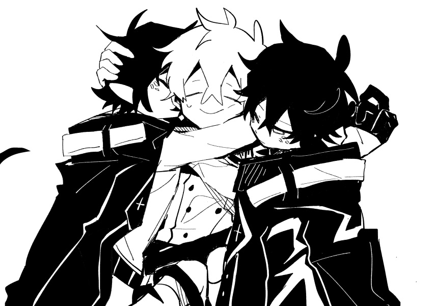 2897419513 3boys absurdres arknights bishounen black_hair closed_eyes cowboy_shot faust_(arknights) fingerless_gloves gloves greyscale hand_on_another's_head highres jacket male_focus mephisto_(arknights) monochrome multiple_boys pointy_ears shirt short_hair simple_background sketch smile white_background white_hair