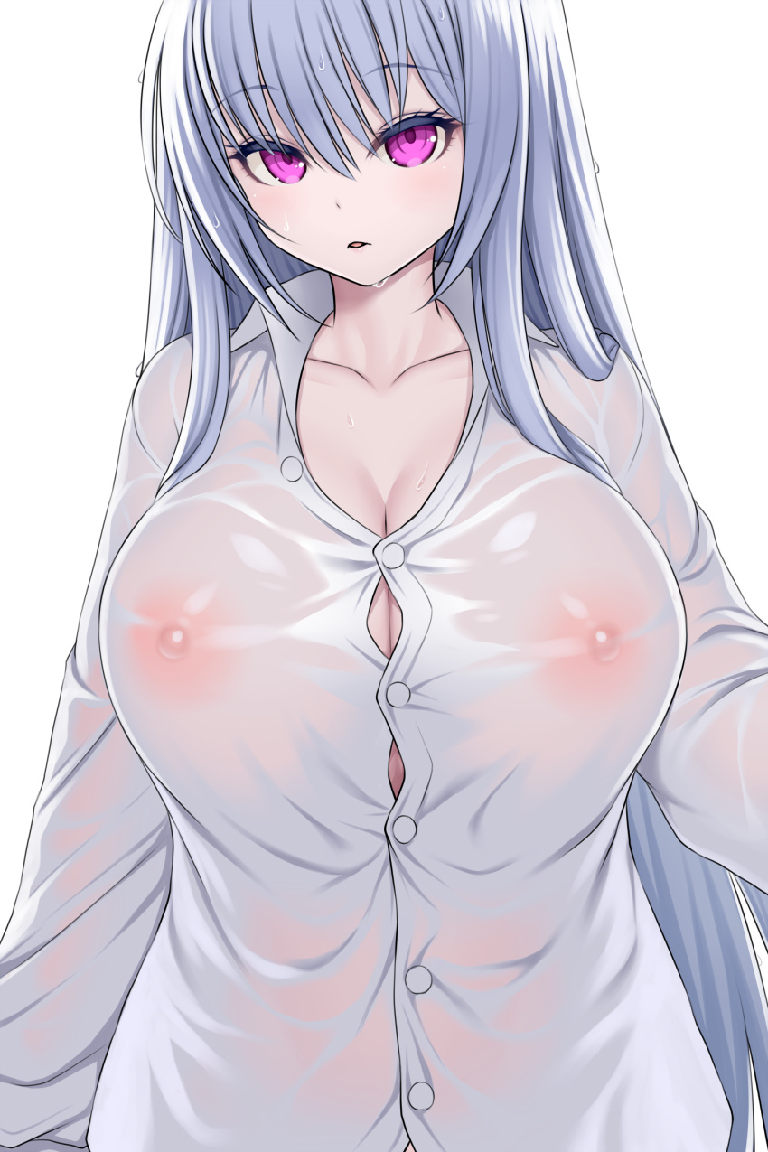 1girl asamura_hiori breasts button_gap cleavage covered_nipples highres huge_breasts long_hair looking_at_viewer nipples original purple_eyes see-through shirt silver_hair solo taut_clothes taut_shirt tight tight_shirt upper_body wet wet_clothes wet_hair wet_shirt white_shirt
