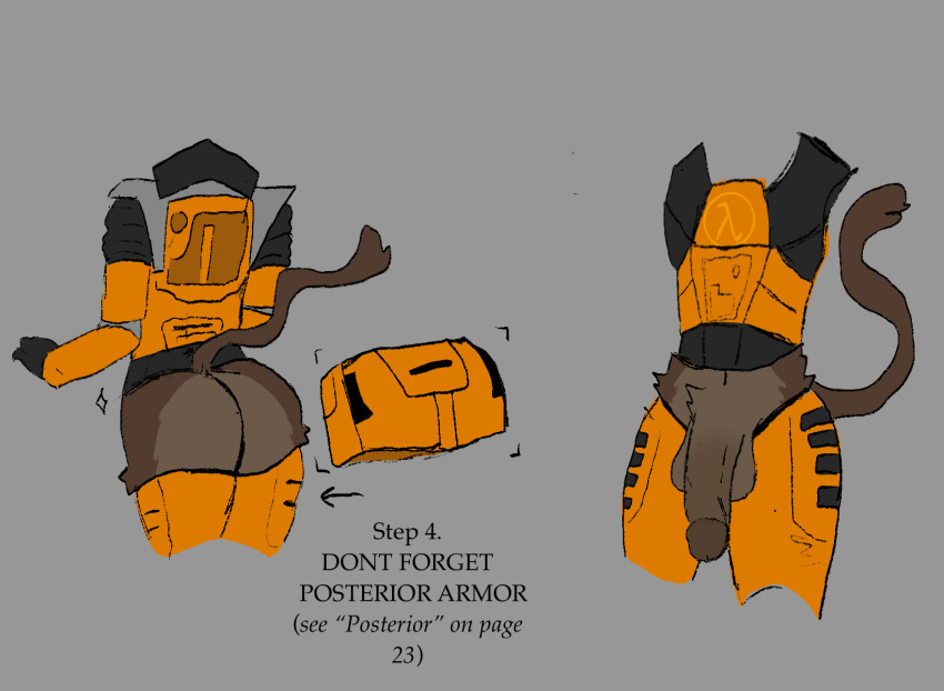 anthro armor butt clothing cold_alcohol domestic_cat exposed_butt felid feline felis genitals girly gloves gordon_freeman half-erect half-life handwear hev_suit hi_res male mammal penis solo text video_games